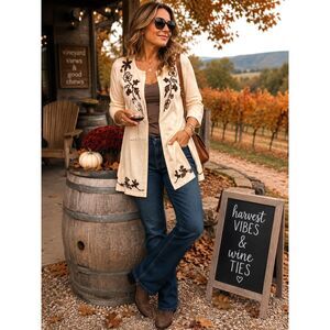 Natural Impressions Embroidered Floral Cotton Open Cardigan Women's M